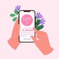 Girl period calendar app in smartphone. Pregnancy planning, menstrual and ovulation circle. Digital menstruation