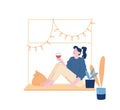 Girl with Pet Weekend Home Relaxation. Young Woman Sitting on Windowsill with Cat Holding Glass and Drinking Wine Royalty Free Stock Photo