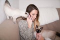 Girl petting siamese cat two in cosy home atmosphere calling phone communication smartphone Royalty Free Stock Photo