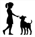 Girl petting a standing puppy great dane. Dog and people silhouette icon