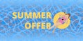 Girl in a swimsuit swims with rubber ring. Flyer design discounts. Summer offer in flyer. Background design.