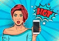 Girl with phone in the hand and discription Hot. Cartoon comic vector illustration in pop art retro style.