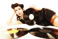 Girl with phonography analogue records music lover Royalty Free Stock Photo