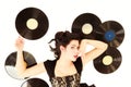 Girl with phonography analogue records music lover Royalty Free Stock Photo