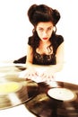 Girl with phonography analogue records music lover Royalty Free Stock Photo