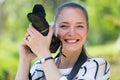 Girl with photocamera at park Royalty Free Stock Photo