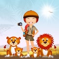 Girl photographing lions