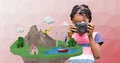 Girl photographing low poly cliff