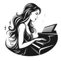 Girl Pianist playing the piano simple black vector silhouette illustration.