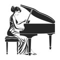 Girl Pianist playing the piano simple black vector silhouette illustration.