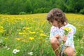 Girl picking flowers in yellow spring meadow Royalty Free Stock Photo