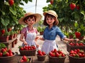 girl picking strawberries in the strawberry greenhouse. generate AI Royalty Free Stock Photo