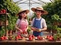 girl picking strawberries in the strawberry greenhouse. generate AI