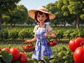 girl picking strawberries in the strawberry greenhouse. generate AI Royalty Free Stock Photo