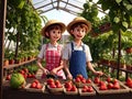 girl picking strawberries in the strawberry greenhouse. generate AI Royalty Free Stock Photo