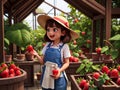 girl picking strawberries in the strawberry greenhouse. generate AI