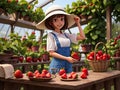 girl picking strawberries in the strawberry greenhouse. generate AI