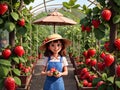 girl picking strawberries in the strawberry orchard . generate AI Royalty Free Stock Photo