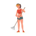 Girl Picking Up Garbage with Rake, Ecology Protection Concept, Woman Cleaning Beach from Garbage Cartoon Vector