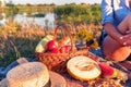 Girl and picnic basket Royalty Free Stock Photo