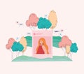 Girl picture trees and bubbles vector design