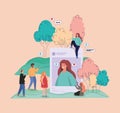 Girl picture trees bubbles and people with smartphones vector design