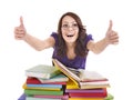 Girl with pile book showing thumb up. Royalty Free Stock Photo