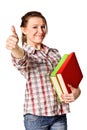 Girl with pile book showing thumb up Royalty Free Stock Photo