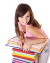 Girl with pile colored book . Royalty Free Stock Photo