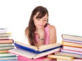 Girl with pile colored book . Royalty Free Stock Photo