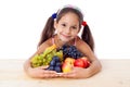 Girl with pile of fruit Royalty Free Stock Photo