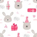 Girl Pink Colored Woodland Paper or Fabric Design with Scandinavian Teddy Animals. Seamless Pattern, Baby Background