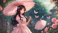 girl in a pink dress anime 16 A lovely anime girl with long black hair and brown eyes, wearing a pink umbrella