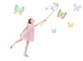 Girl in pink dress, catching colorful butterflies Royalty Free Stock Photo