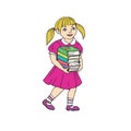 Girl in pink dress going to school with colorful books in hands, hand drawn doodle, sketch, vector