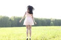 The girl pink dress is jumping meadow summer, happiness concept idea of fun, relaxation figure sun joy Royalty Free Stock Photo