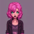 girl with pink hair and dark makeup, gloomy atmosphere, pixel art