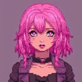 girl with pink hair and dark makeup, pink eyes, sweet atmosphere, pixel art