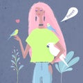 Girl with pink hair with parrots in her arms