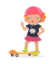 Girl in Pink Helmet and Skirt. Orange Skateboard