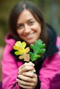 Girl in pink holding two autumn leaves. Royalty Free Stock Photo