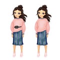 Girl In Pink Pullover And Striped Skirt