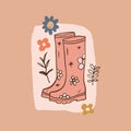 Girl pink rubber boots flower gardening doodle girl art.