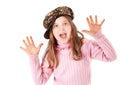 Girl on pink sweeter screaming Royalty Free Stock Photo