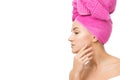 Girl in pink towel on head isolated on white Royalty Free Stock Photo