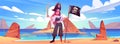 Girl pirate on beach with jolly roger flag, sword