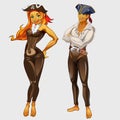 Girl pirate and captain, two cartoon characters