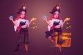 Girl pirate with treasure chest, woman captain