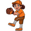 Girl Pitching Baseball Cartoon Colored Clipart