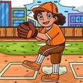 Girl Pitching Baseball Colored Cartoon